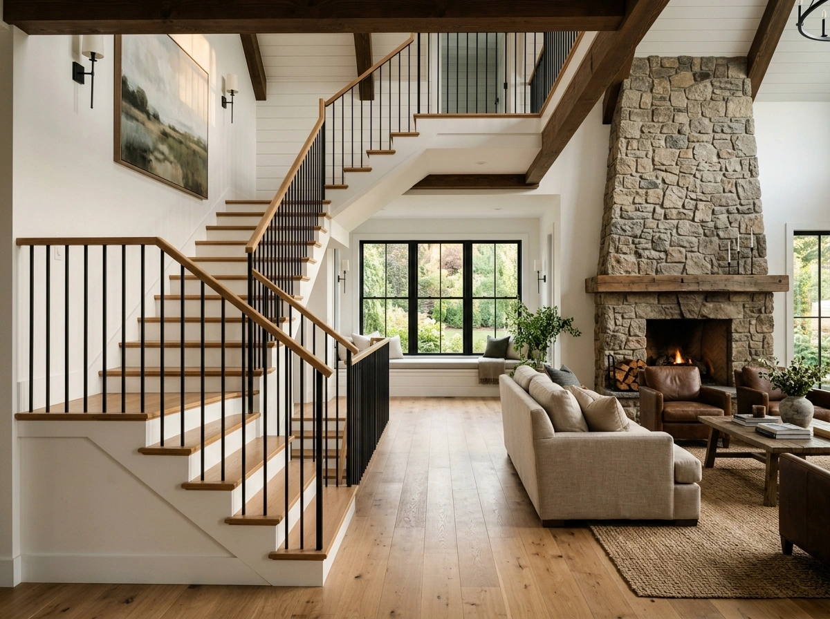 Modern farmhouse interior with handcrafted white oak staircase, matte black balusters