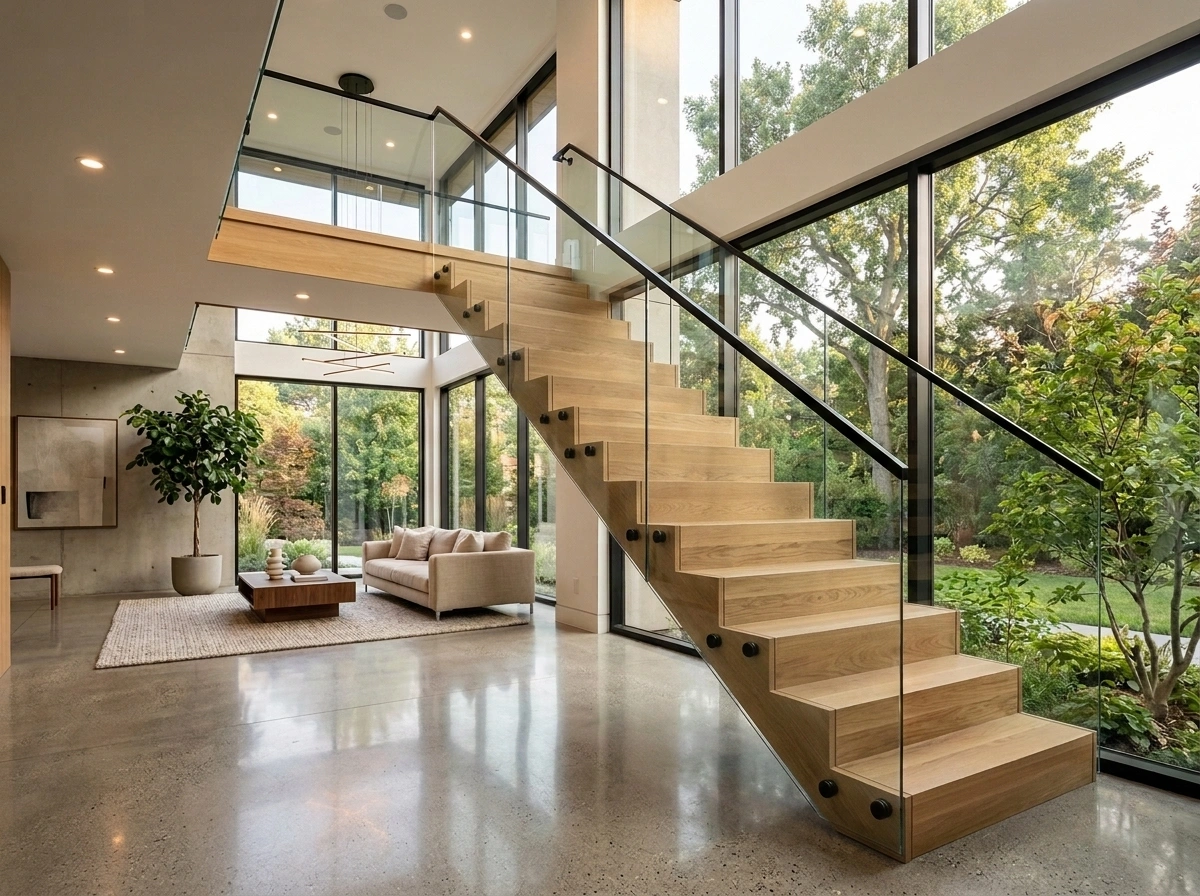  White oak treads, matte black steel stringers, frameless glass railings
