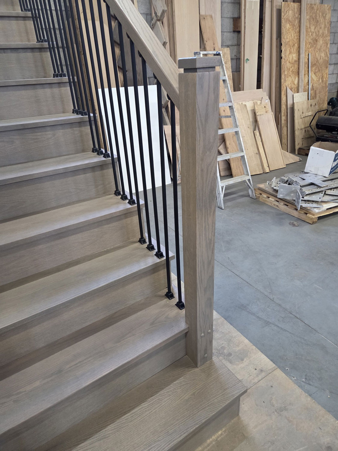 Stair system installation viewed from the lower level